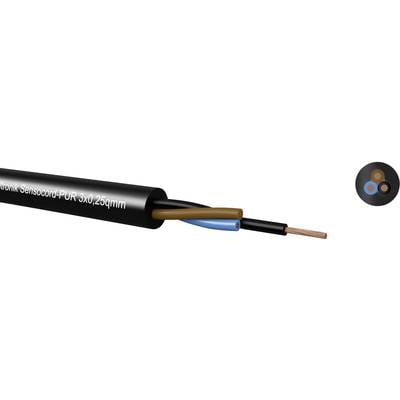 Cable with black insulating sheath, labelled 'Sensocord-PUR 3x0.25mm', three internal conductors: brown, blue, black. Cross-section view on the right.