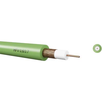Green coaxial cable with a copper core, surrounded by white insulation and brown shielding. Text note 'HFVQ 0.6/3.7' on the cable.
