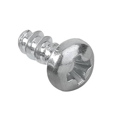 A silver screw with a domed head and a cross-head slot. It is designed for connecting materials.