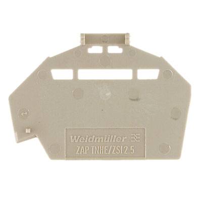 A grey Weidmüller terminal block, model ZAP TNHE/ZS1.2.5, is shown from an angle, with several mounting holes visible.