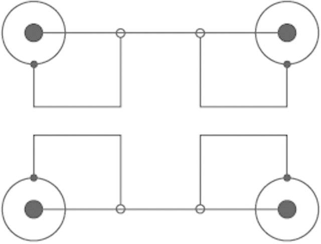 A simple electrical circuit with two parallel conductors, connected by four points, each linked with a circle.