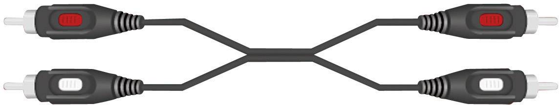 Two phono cables with a Y-adaptor, connected via two plugs: one with a red end and one with a white end.