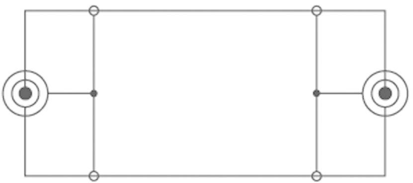 A simple block diagram with two circles on either side, connected by lines in a rectangular pattern.