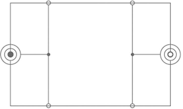 A simple football pitch layout with two goals and a centre line. The goals are positioned on the left and right sides.
