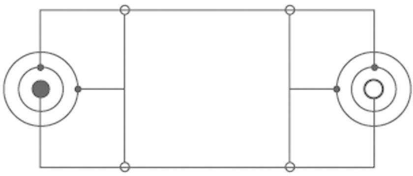 Wiring diagram of an electrical circuit with two large round contacts on the left and right, connected by wires and junction points.