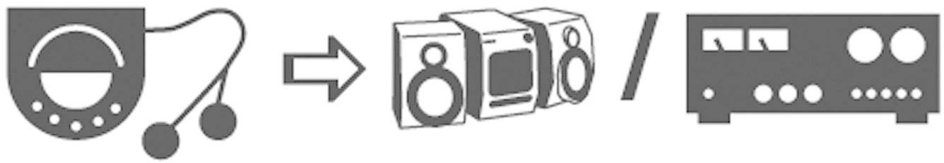 Graphic shows an evolution: from a portable music device with headphones to speakers and then to an amplifier.