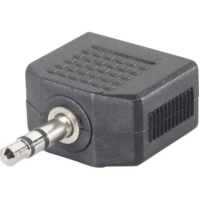 Black 3.5mm audio adapter with two parallel inputs for connecting headphones or speakers to an audio source.