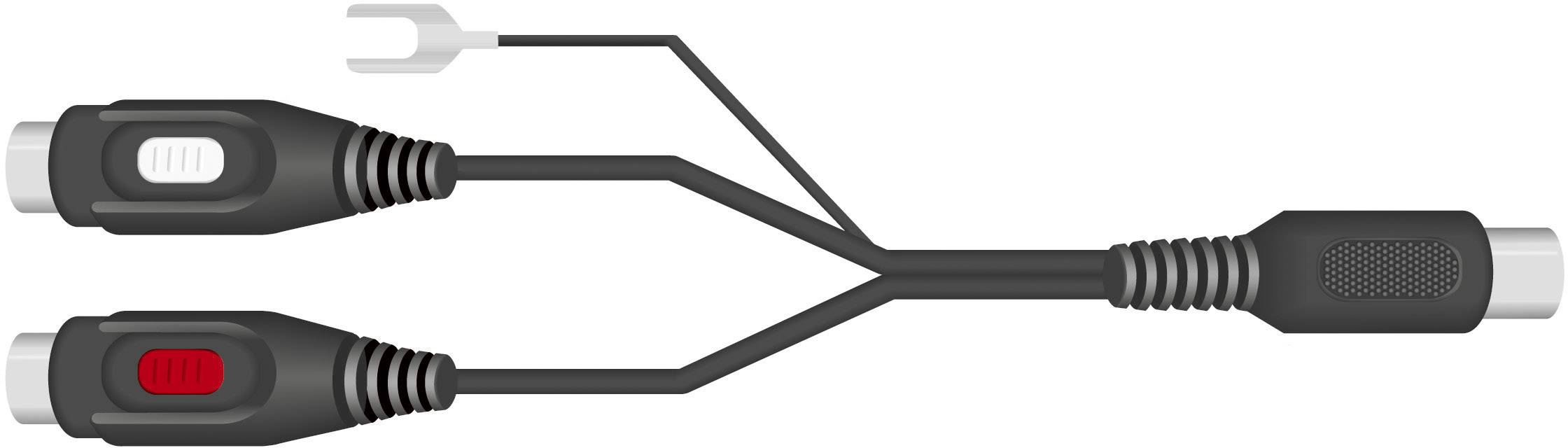 'Y-adapter cable with one jack plug and two RCA sockets, black.'