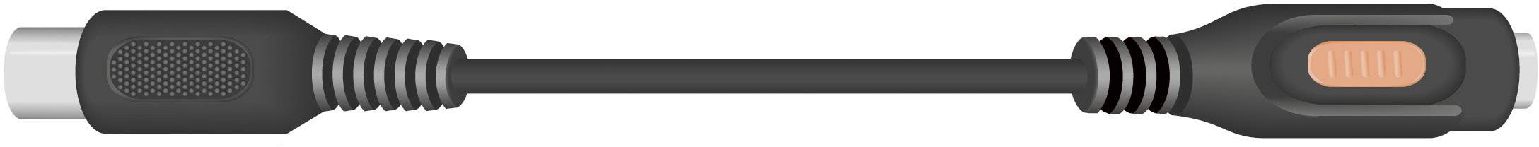 A black audio cable with a silver plug head and an orange insert on the other side, against a white background.