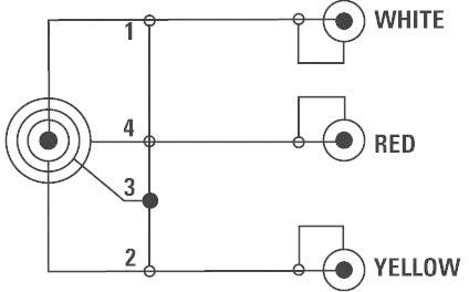 Wiring diagram of a three-wire cable with connections to three colour-coded wires: 'WHITE', 'RED', 'YELLOW'. Points 1-4 marked.