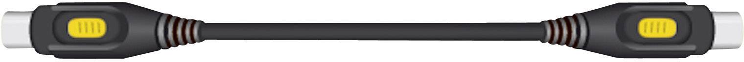 A black cable with yellow and black plugs at both ends. It could be an audio cable or adapter.
