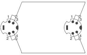 Electrical circuit with two four-pin plug arrangements, each numbered from 1 to 4, connected by a line.