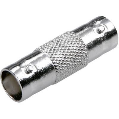 Silver-coloured, cylindrical BNC connector adapter with knurled central section for better grip, used for connecting coaxial cables.