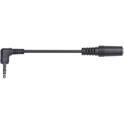 A black audio adapter with a 3.5 mm jack plug on the left side and a socket on the right side.