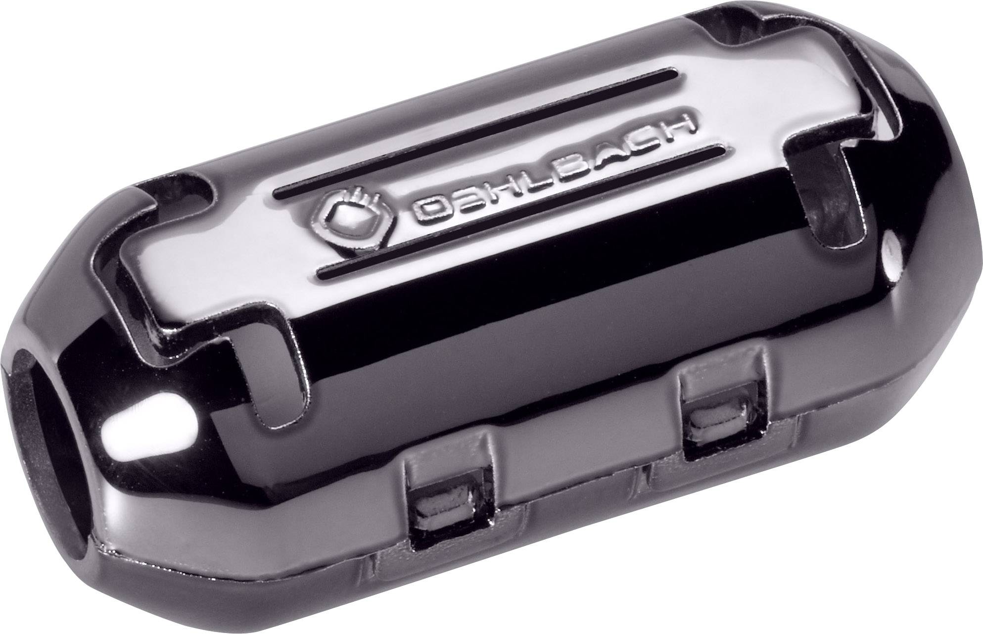 A small, shiny ferrite core cable interference filter with the 'Oehlbach' imprint, used for reducing electromagnetic interference in cables.