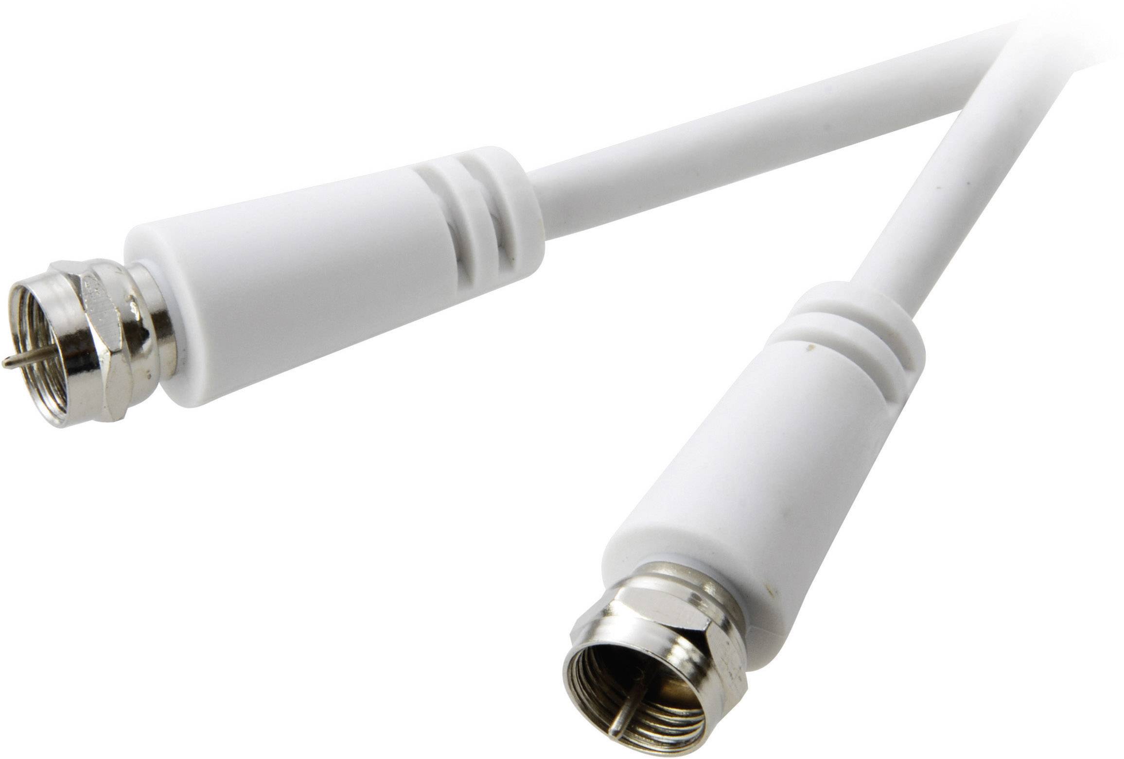 Two white coaxial cables with metallic connectors used for signal transmission in televisions or satellite systems.