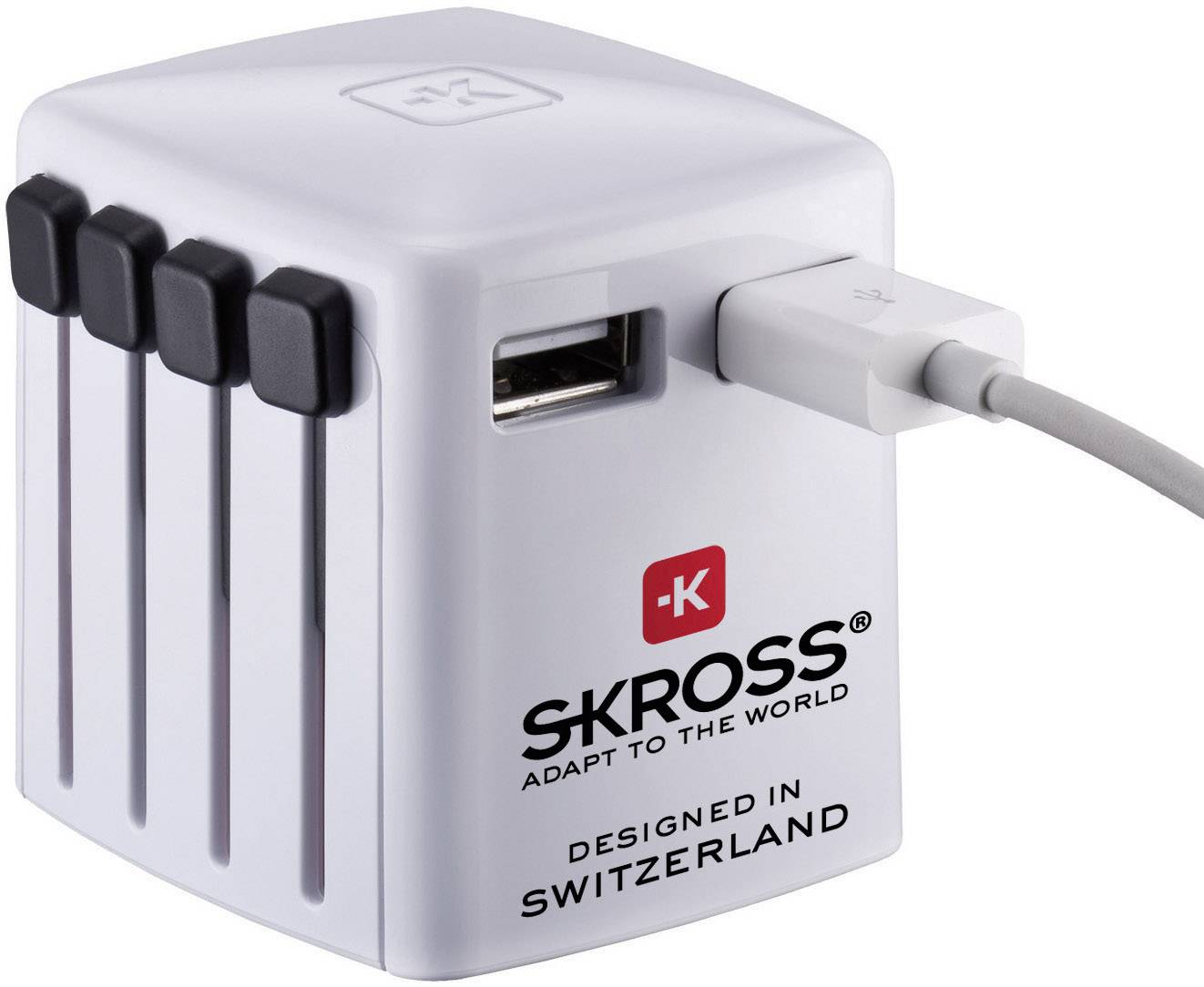 Travel plug adapter by SKROSS with USB port, compact and white, for worldwide use, 'Designed in Switzerland'.