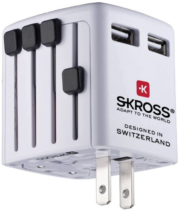 A white universal plug adapter with four black sliders and two USB ports, brand name 'SKROSS', with the text 'Designed in Switzerland'.