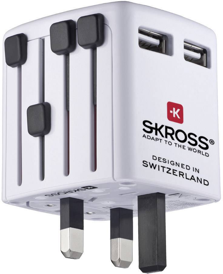 White universal travel adapter with multiple plug types and two USB ports, suitable for international power sockets.