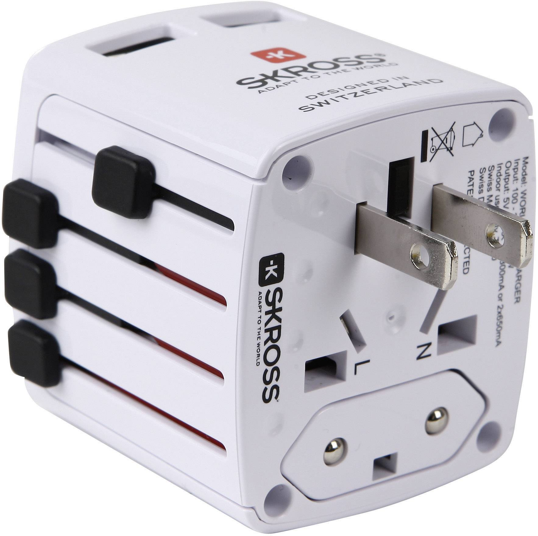White travel adapter with multiple socket connections and black sliders, suitable for international plug types.