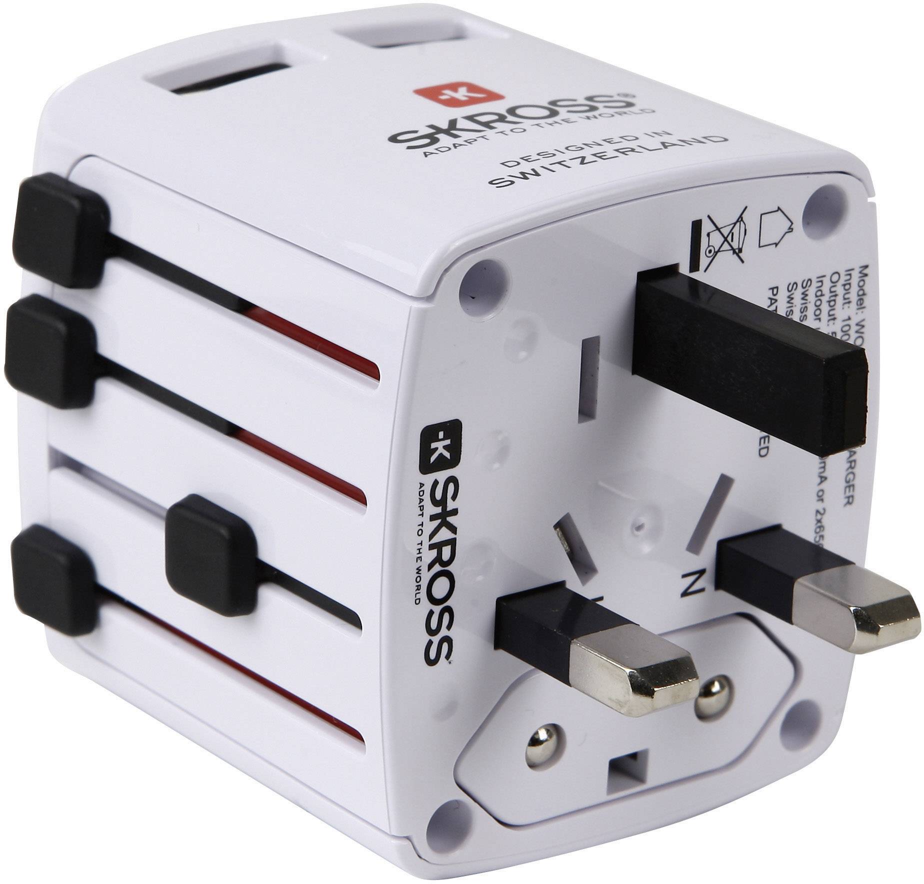 A white travel plug adapter by SKROSS with multiple plug outlets, suitable for international use.