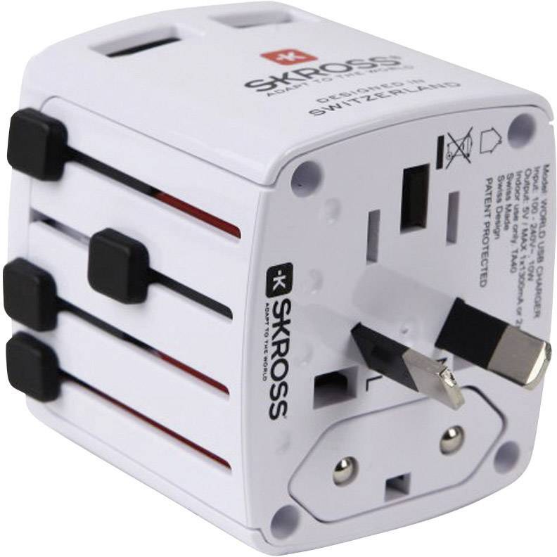 Universal travel adapter by SKROSS with multiple socket connections. Suitable for international travel. White, compact design.