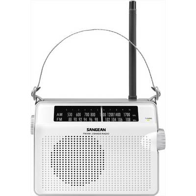 A portable radio with AM/FM reception, frequency tuning dial, large speaker at the front and extendable aerial on top.