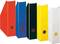 Five coloured file holders are lined up side by side. Colours: Red, Blue, Black, Yellow and White. Used for organising documents.