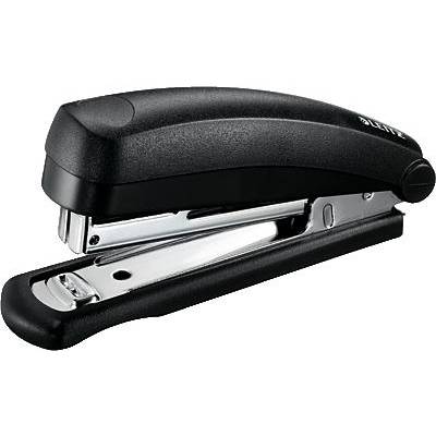 A black stapler on a light background shows its metal staples and can hold paper sheets together.