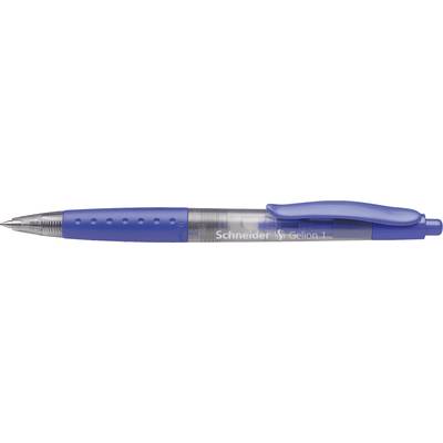 A blue ballpoint pen with a transparent middle section and blue clip. The inscription 'Schneider Gelion 1' is visible on the body.