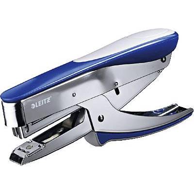 A blue and silver Leitz stapler lying sideways on a surface, used for fastening paper.