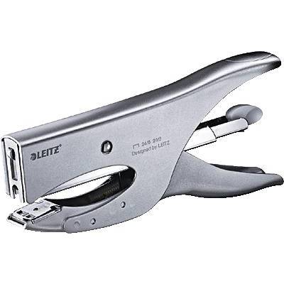Silver LEITZ stapler with ergonomic design, suitable for 30 sheets of paper, top-loading mechanism, sturdy handle.
