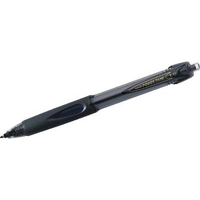 A black ballpoint pen with a rubberised grip and metal clip lies at an angle.