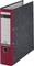 A red file folder with a white label on the side and a metal grip hole at the bottom front.