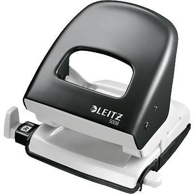 Leitz 5008 hole punch in black and white, sitting on a table. Device for punching holes in paper.<br><br>Corrected to British English:<br><br>Leitz 5008 hole punch in black and white, resting on a table. Device for punching holes in paper.