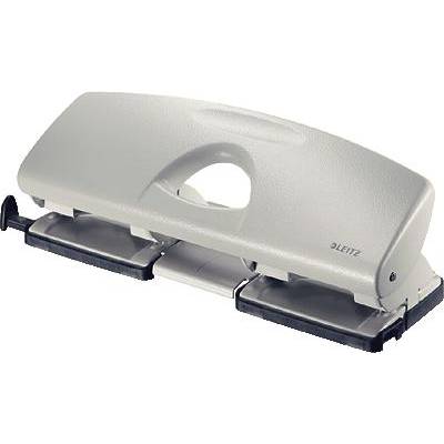 Grey Leitz hole punch with two holes, suitable for paper stacks. The robust construction provides stability and easy handling.