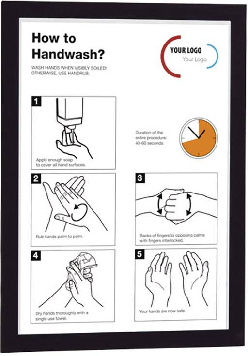 'How to Hand Wash' Instructions in Five Steps: Soap, Palm Surfaces, Between Fingers, Thorough Rinsing, Drying. Recommended Duration: 40-60 Seconds.