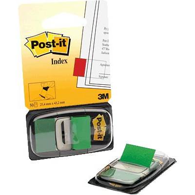 Post-it Index Tabs in Green, 50 Pieces, Dimensions 25.4 mm x 43.2 mm, with Transparent Dispenser, Ideal for Marking or Organising Documents.