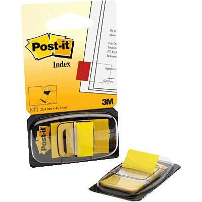 Yellow Post-it index tabs in a pack. The tabs are rectangular and self-adhesive, for marking documents.