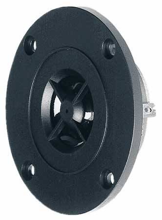 Black loudspeaker tweeter with a round enclosure and four screws, shown from the front.
