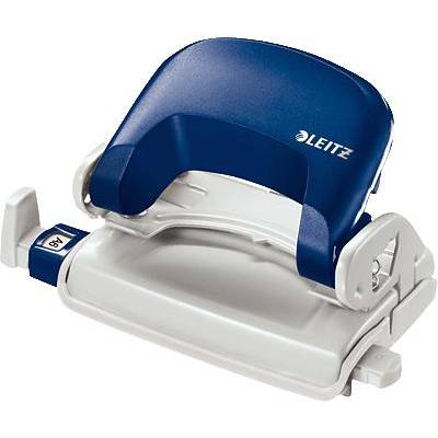 A blue Leitz hole punch, suitable for A4 paper, is resting on a white surface.