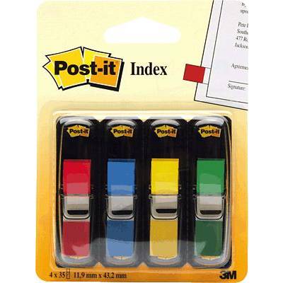 Four Post-it index strips in red, blue, yellow and green, packaged in a transparent box, with a yellow background.