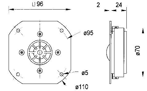 Technical drawing of a circular ventilation element with dimensions: diameter 110 mm, depth 24 mm, fixing points Ø5 mm.