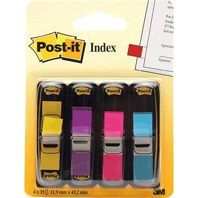 Pack of Post-it index sticky tabs in four colours: Yellow, Purple, Pink and Blue. Contains four blocks with 35 tabs each.