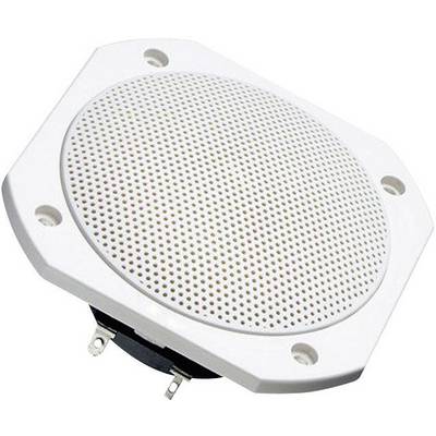 White speaker with a square cover and rounded corners. Front view reveals a perforated design for sound projection.