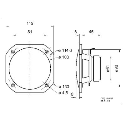 Technical drawing of a loudspeaker with dimensional specifications. Shows front and side views with diameter and screw hole positioning.