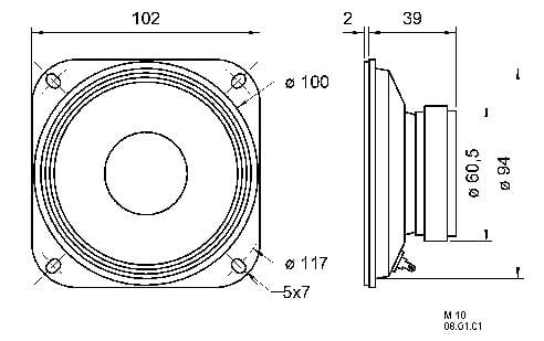 Technical drawing of a loudspeaker, front and side view, with specified dimensions in millimetres, e.g., 102 mm width.