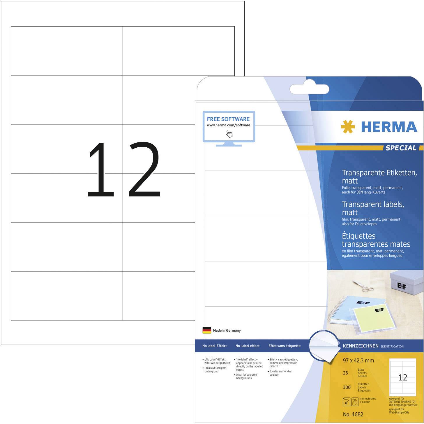 Herma 4682 Label film 97 x 42.3 mm Polyester film Transparent 300 pc(s) Permanent adhesive Laser, colour, Laser printer, Colour copier, Copier, Manual labeling
