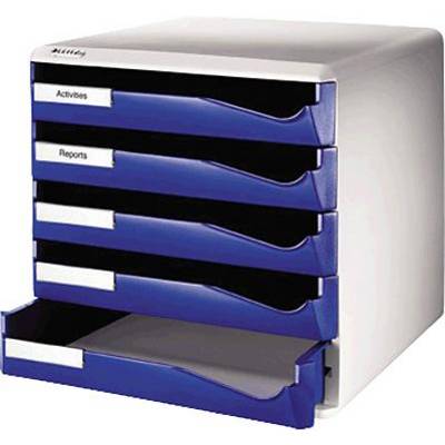 White and blue filing system with five drawers. The top two drawers are labelled 'Activities' and 'Reports'. The bottom drawer is open.