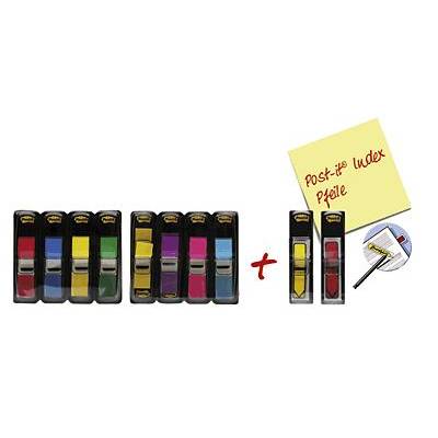 Six packets of colourful sticky index tabs and a plus sign pointing to a yellow packet with a marker.